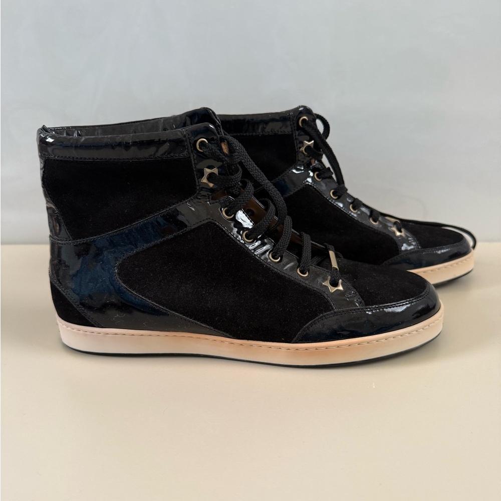 Jimmy Choo Tokyo High Top Sneakers, Black Suede/Patent Leather, Size 37.5